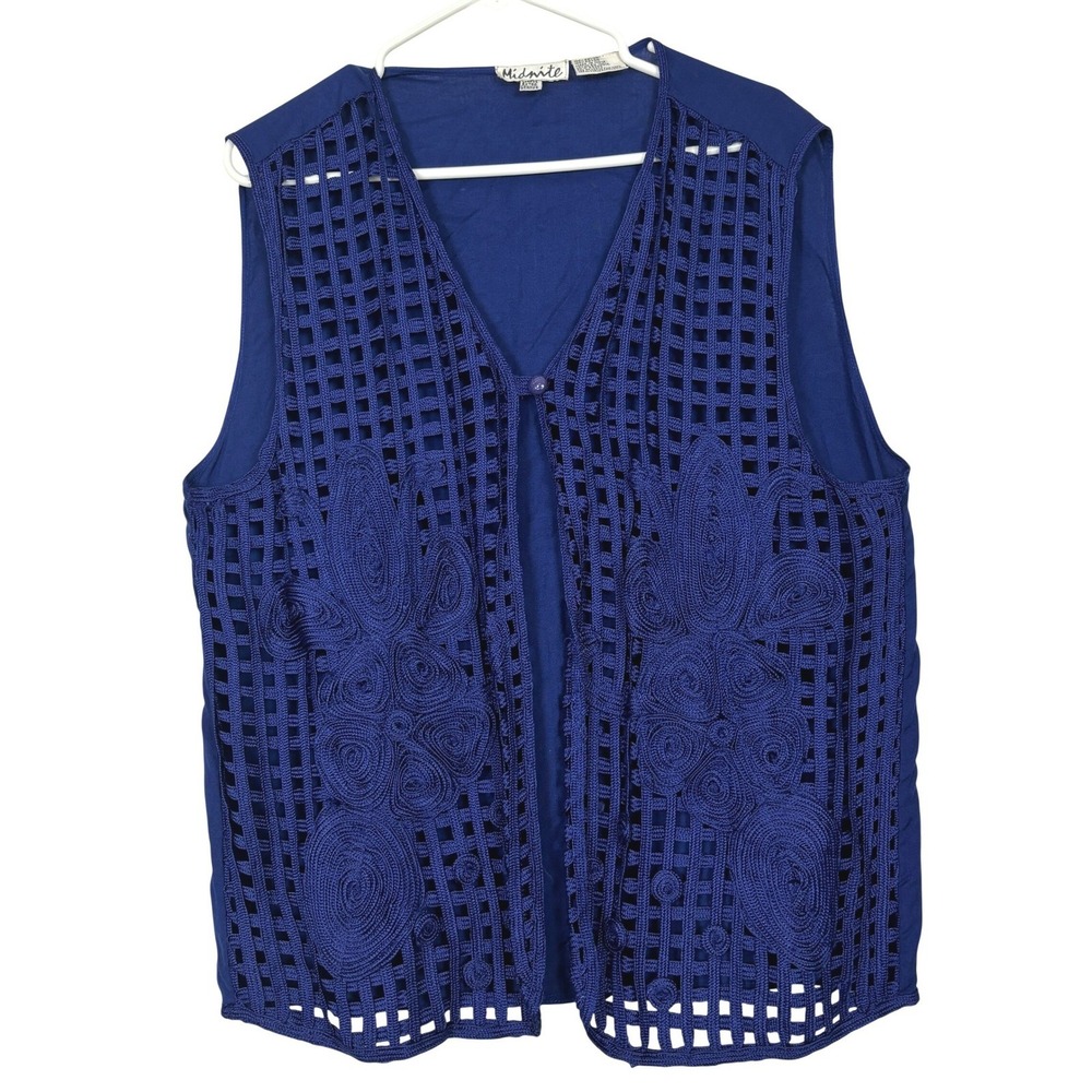 Vintage Blue Vest Women XL Floral Lattice Open Boho Artsy Festival Summer
